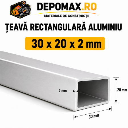 Teava rectangulara aluminiu 30 x 20 x 2 mm, 6 metri (EN AW-6060)